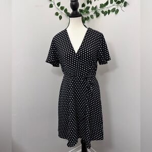 Monteau Black and White Polka Dot Wrap Dress Large Bell sleeves